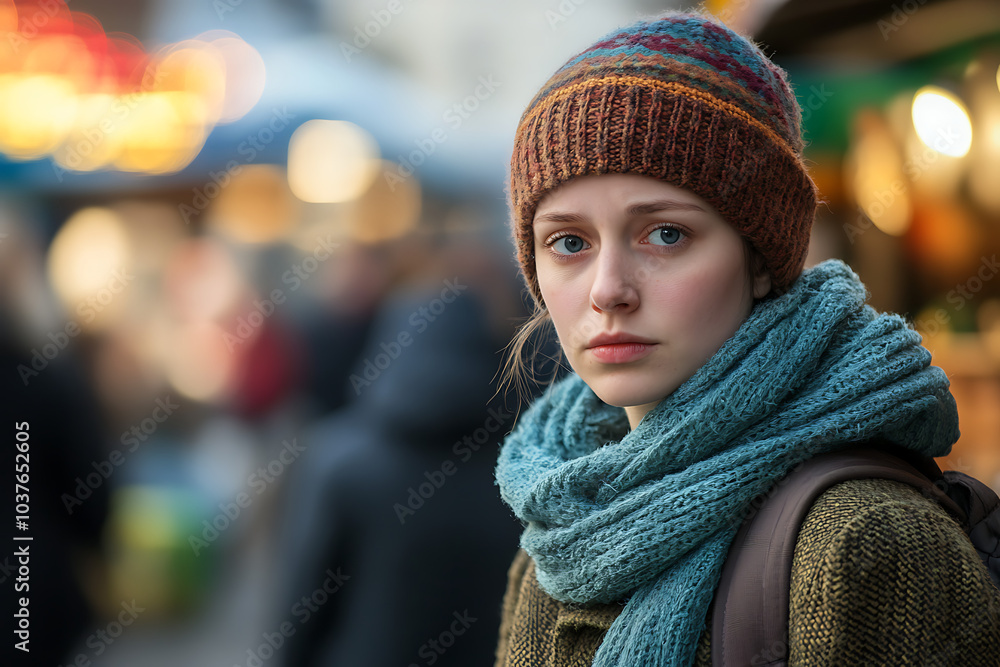 Winter's Gaze: A Pensive Young Woman in a Knitted Hat and Scarf Amidst a Blurred Festive Market Background Winter's Gaze: A Pensive Young Woman in a Knitted Hat and Scarf Amidst a Blurred Festive Market Background
