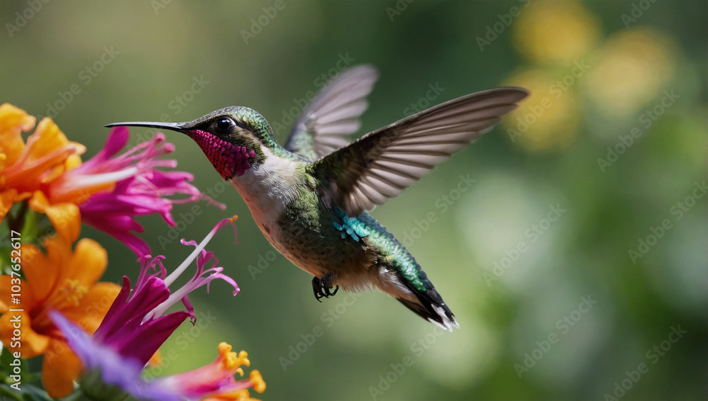 Fototapeta premium Hummingbird mid-flight, sipping nectar from a vibrant flower, with a blurred garden background.