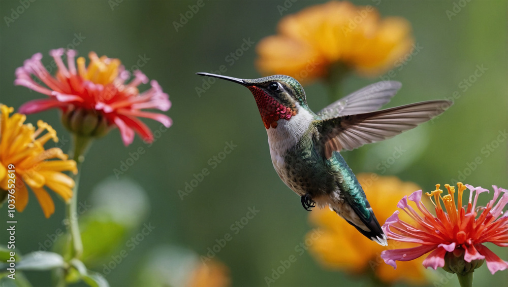 Obraz premium Hummingbird mid-flight, sipping nectar from a vibrant flower, with a blurred garden background.