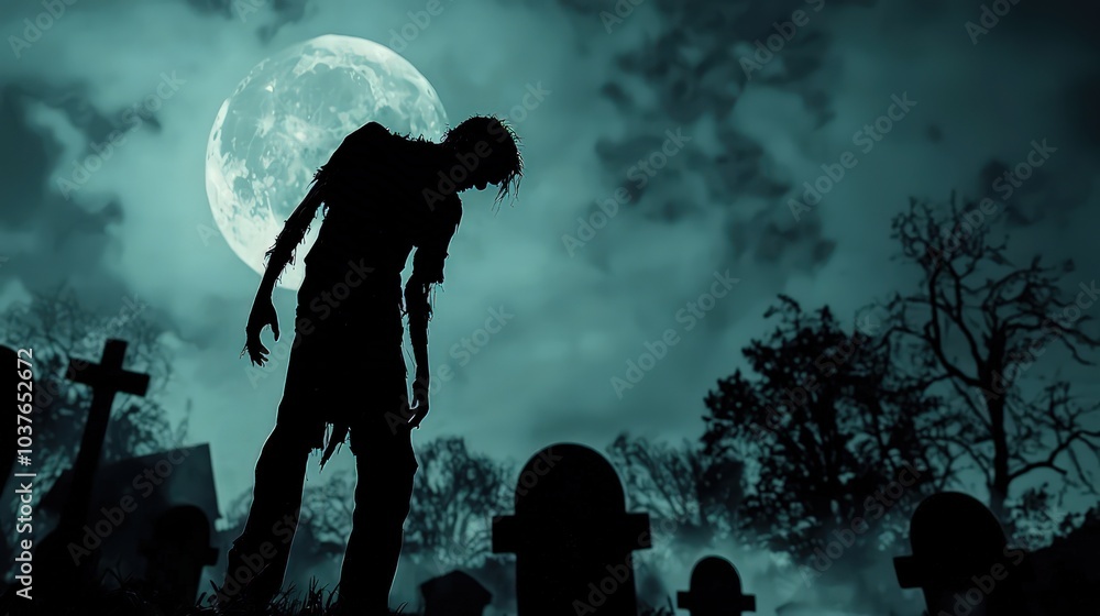 A chilling silhouette of a zombie in a graveyard under a full moon, perfectly capturing a horror scene. A chilling silhouette of a zombie in a graveyard under a full moon, perfectly capturing a horror scene.