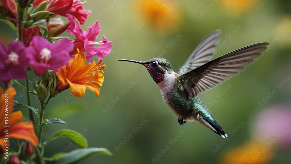 Fototapeta premium Hummingbird mid-flight, sipping nectar from a vibrant flower, with a blurred garden background.
