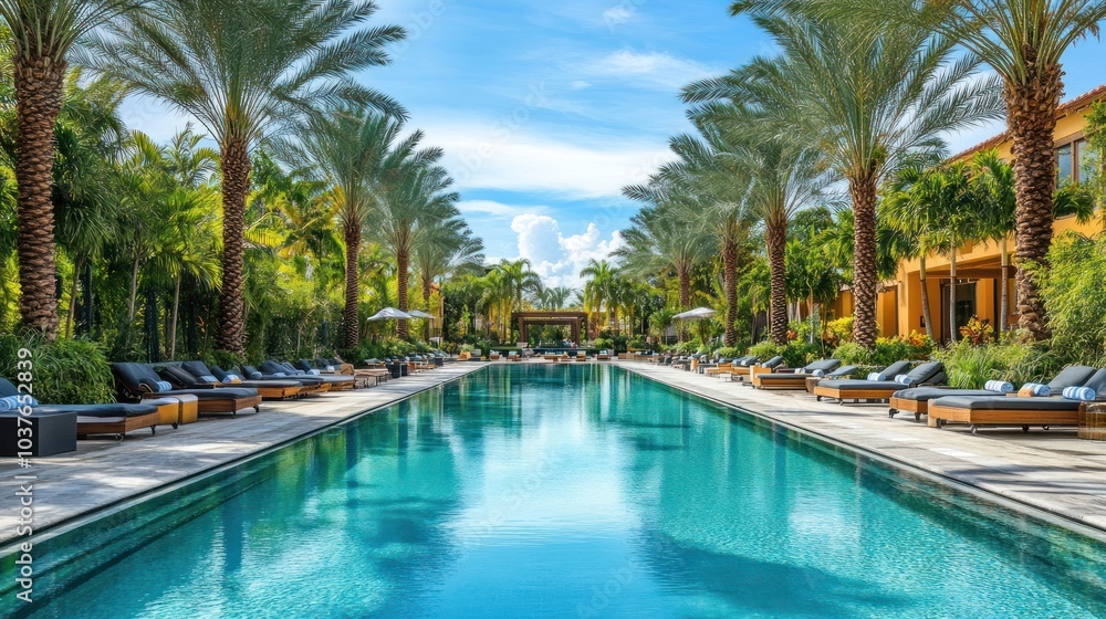A long, narrow swimming pool lined with lounge chairs and palm trees. A long, narrow swimming pool lined with lounge chairs and palm trees.