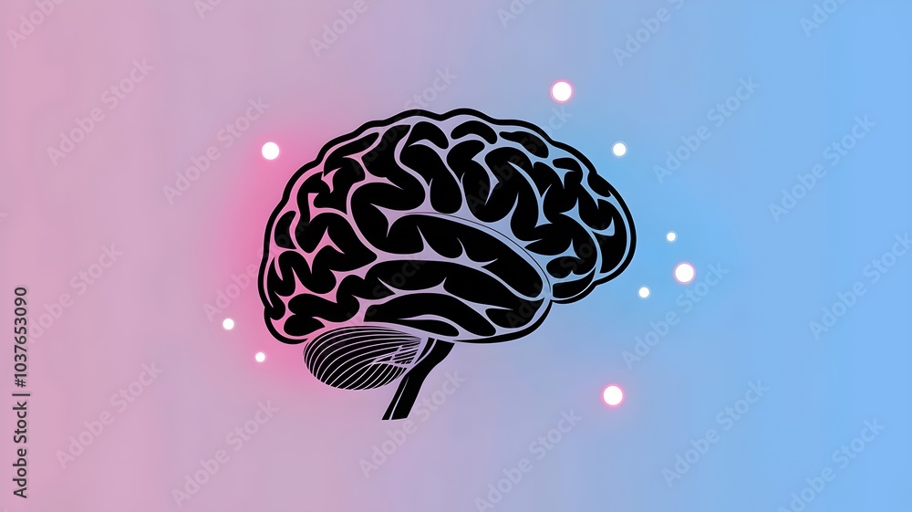 Neon-colored human brain with glowing pink and blue spheres on gradient background Neon-colored human brain with glowing pink and blue spheres on gradient background