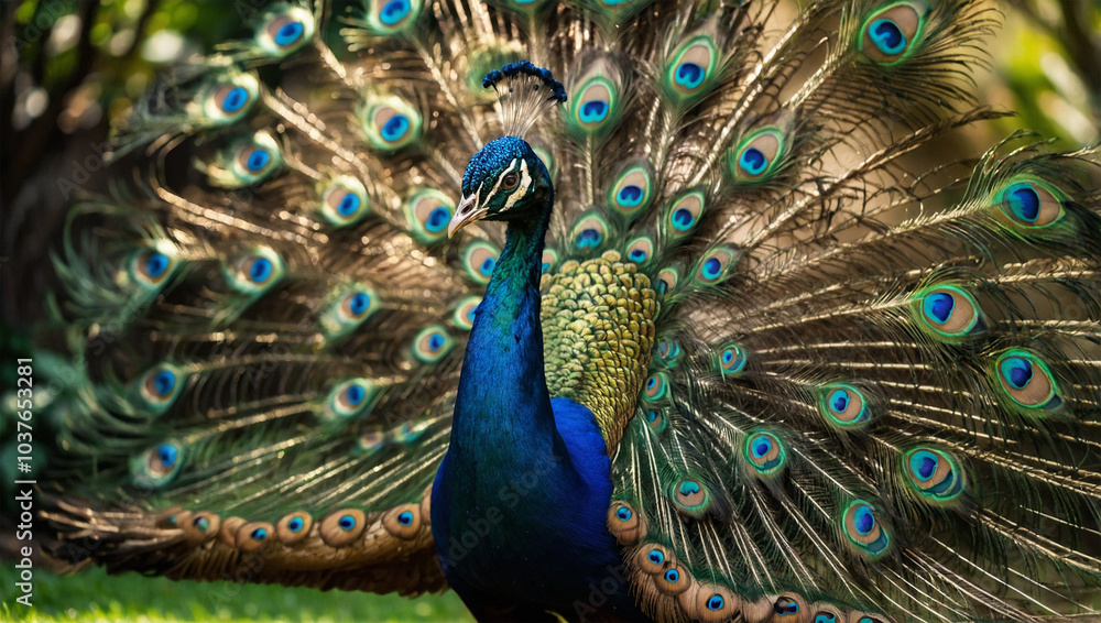 Obraz premium Majestic peacock displaying its vibrant tail feathers, standing in a lush garden under bright sunlight.