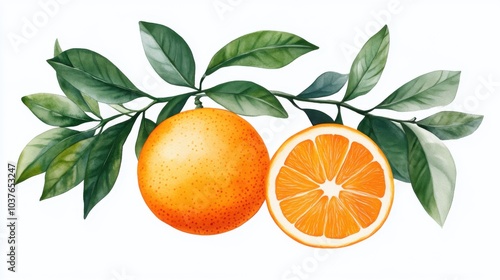 Ripe orange fruit on a branch with vibrant green leaves, white isolate background.