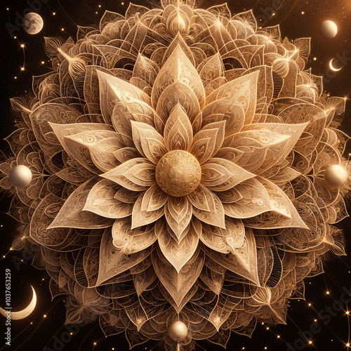 Golden mandala in the form of a lotus for meditation, relaxation, yoga