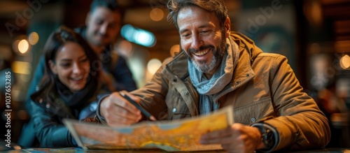 Wallpaper Mural Happy friends looking at a map inside a restaurant. Torontodigital.ca