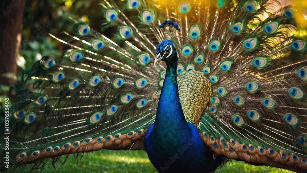 Obraz premium Majestic peacock displaying its vibrant tail feathers, standing in a lush garden under bright sunlight.