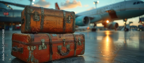 Vintage suitcases at the airport with a blurry plane in the background, ready for a journey.