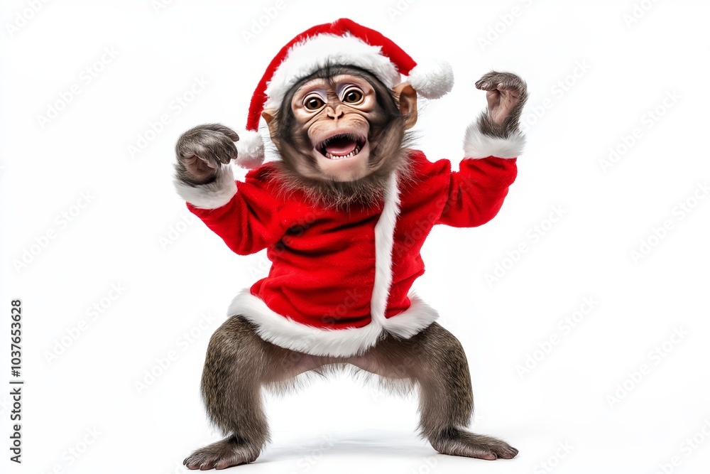 Energetic monkey in santa costume dancing joyfully against a minimalist white background isolated Energetic monkey in santa costume dancing joyfully against a minimalist white background isolated