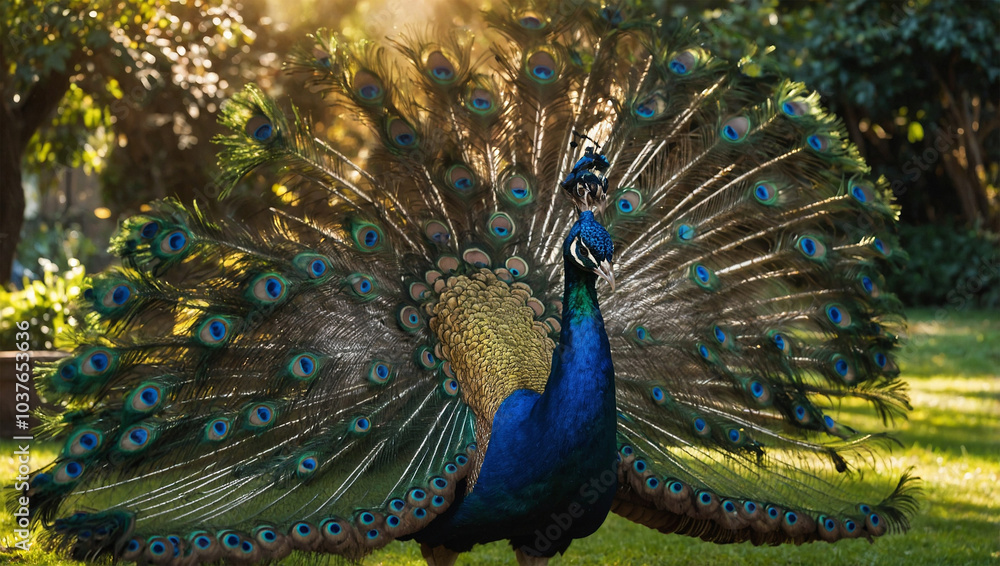 Obraz premium Majestic peacock displaying its vibrant tail feathers, standing in a lush garden under bright sunlight.