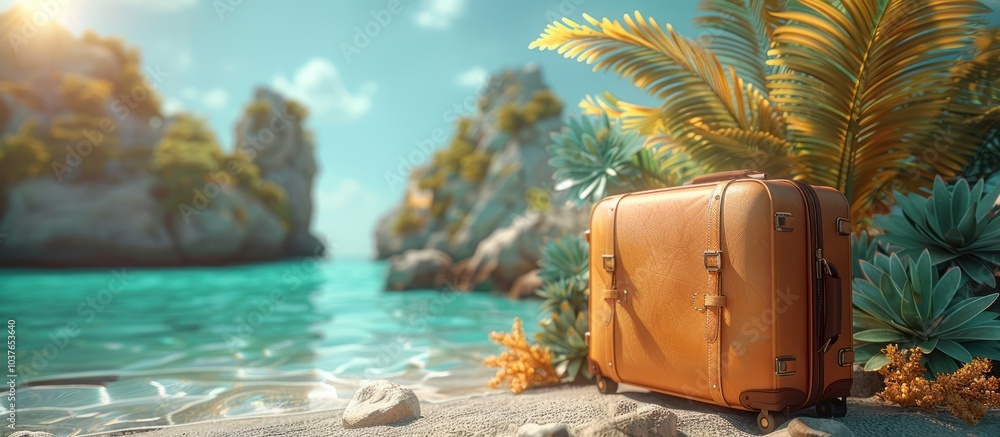 Obraz premium A vintage suitcase sits on a sandy beach with turquoise water and lush palm trees. The suitcase is a symbol of travel and adventure. The tropical scene is perfect for a relaxing vacation.