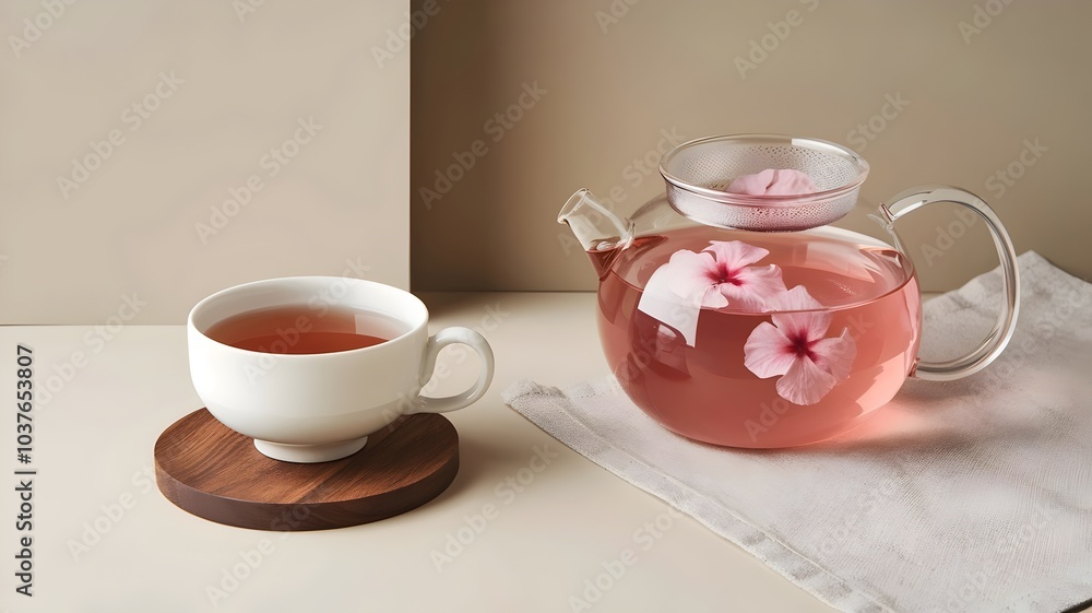 Hibiscus tea in white ceramic cup with clear teapot on wooden coaster and beige cloth Hibiscus tea in white ceramic cup with clear teapot on wooden coaster and beige cloth