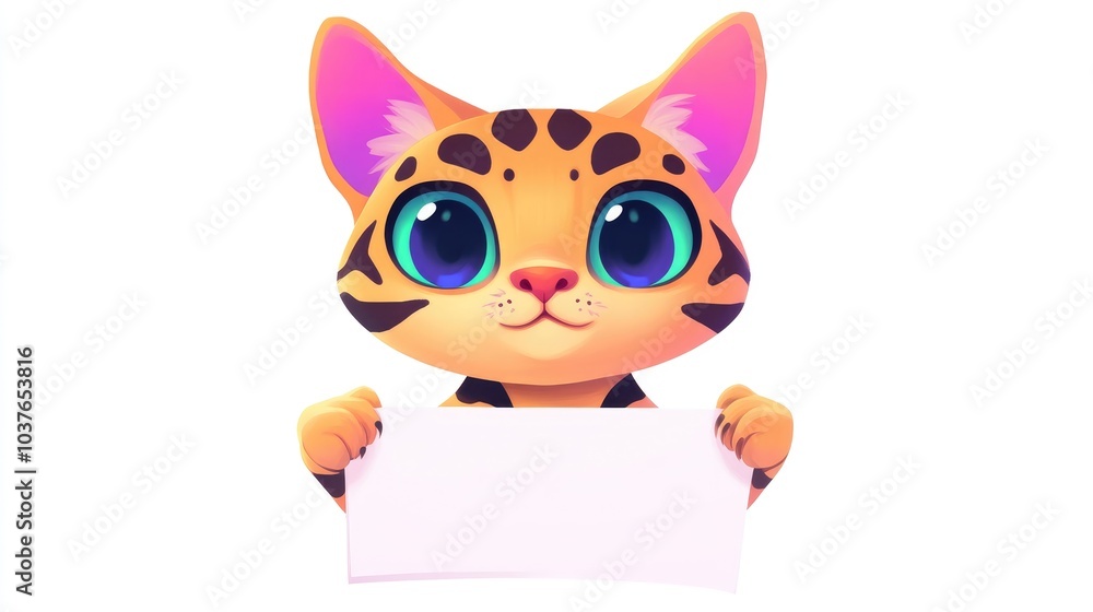 Portrait of a Bengal cat holding a banner against a white backdrop Portrait of a Bengal cat holding a banner against a white backdrop