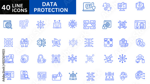 Set of 40 line icons related to data protection, cyber security, privacy. Outline icon collection. Editable stroke.Vector illustration