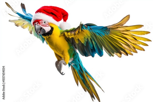 Full length portrait of a parrot in a santa hat, mid dance with wings outstretched, minimalist style isolated photo