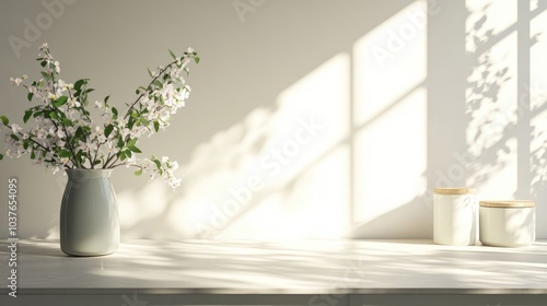 3D rendering of a kitchen interior with a table background featuring free space white walls shadows and spring flowers for your composition