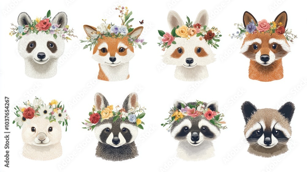 Obraz premium Vector illustrations of adorable animal heads adorned with floral crowns ideal for nursery design posters and birthday greeting cards featuring a panda llama fox koala cat dog raccoon and bunny
