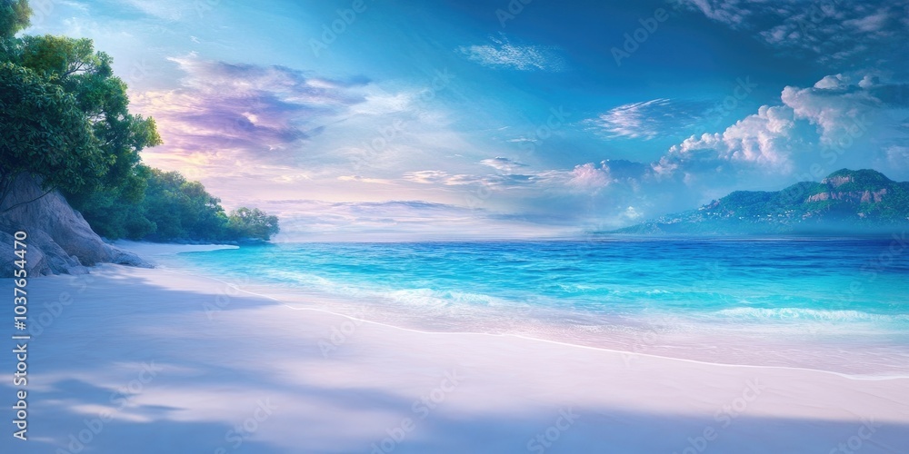 Obraz premium Sunny beach with white sand and clear blue water, perfect for relaxation and outdoor activities, surrounded by lush greenery and scenic beauty