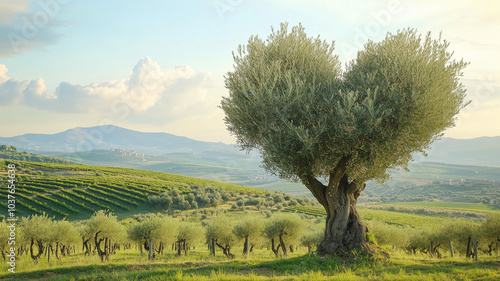 地中海の古いハート型のオリーブの木と広がる景色