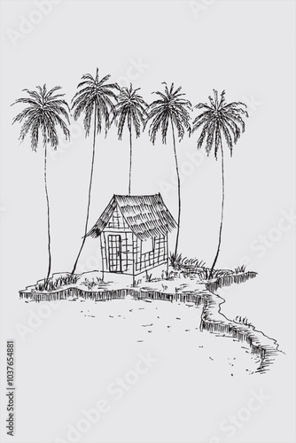 Hand-drawn illustration of a rustic hut on a tropical island, lined with tall palm trees. Captures the essence of solitude, tranquility, and island life.