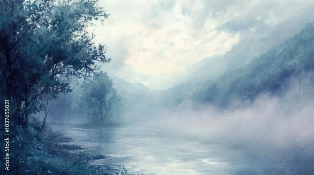 Fototapeta premium Oil painting depicting morning mist in a serene natural setting capturing the beauty of misty landscapes