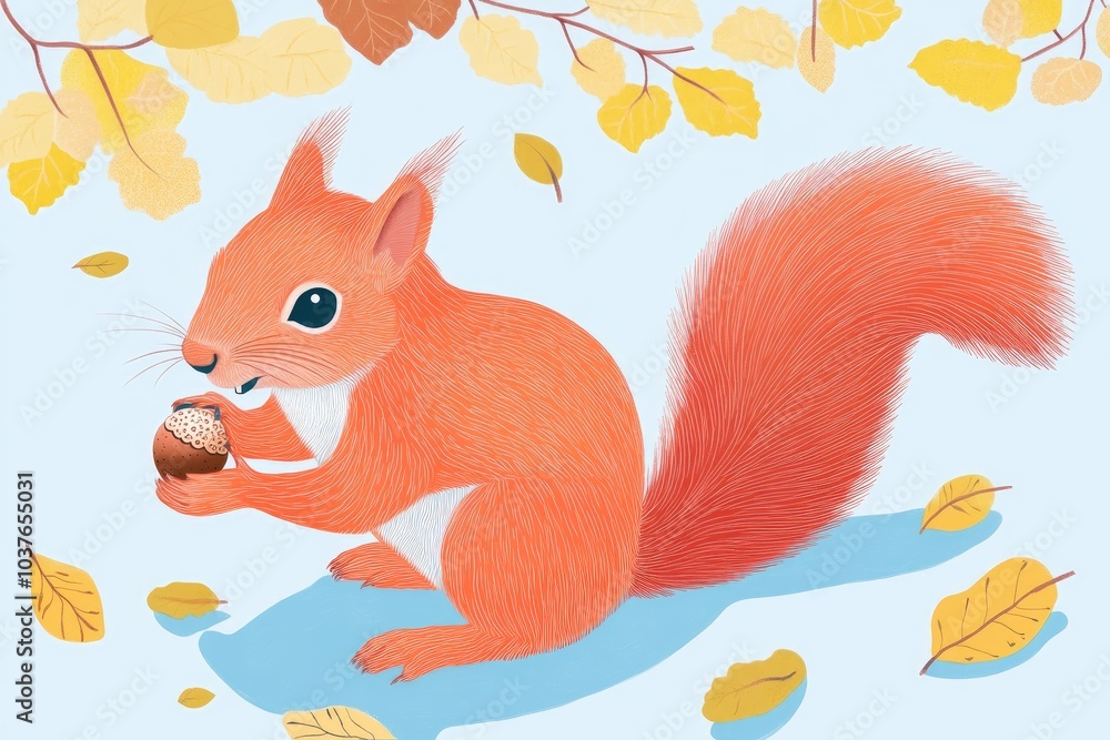 Illustration of a red squirrel holding and gnawing an acorn among yellow leaves in a sunny autumn setting Illustration of a red squirrel holding and gnawing an acorn among yellow leaves in a sunny autumn setting