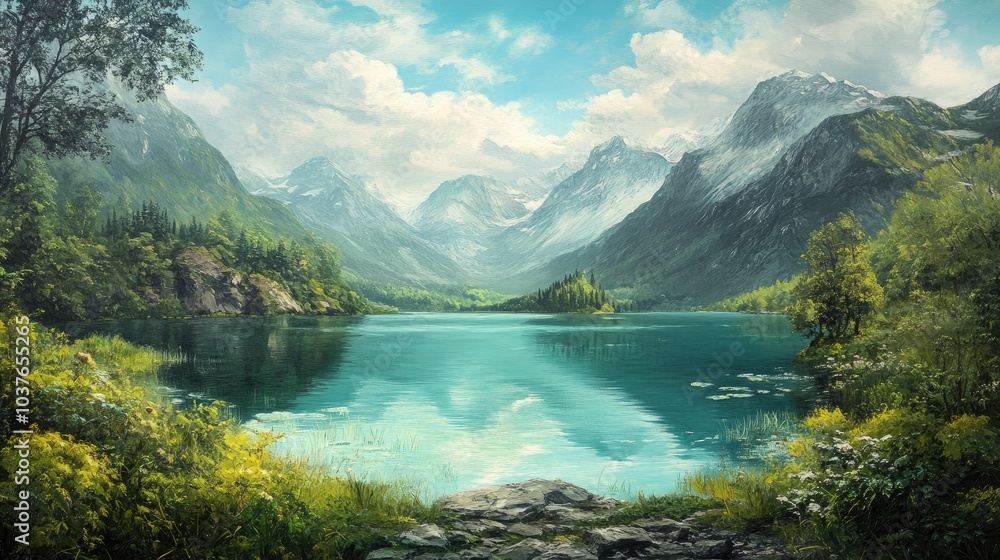Panoramic oil painting featuring a stunning landscape of a serene lake surrounded by mountains and lush greenery Panoramic oil painting featuring a stunning landscape of a serene lake surrounded by mountains and lush greenery