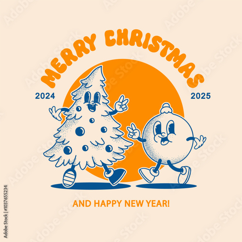 Merry Christmas and Happy New year smiling pine tree and decoration ball in trendy retro cartoon style