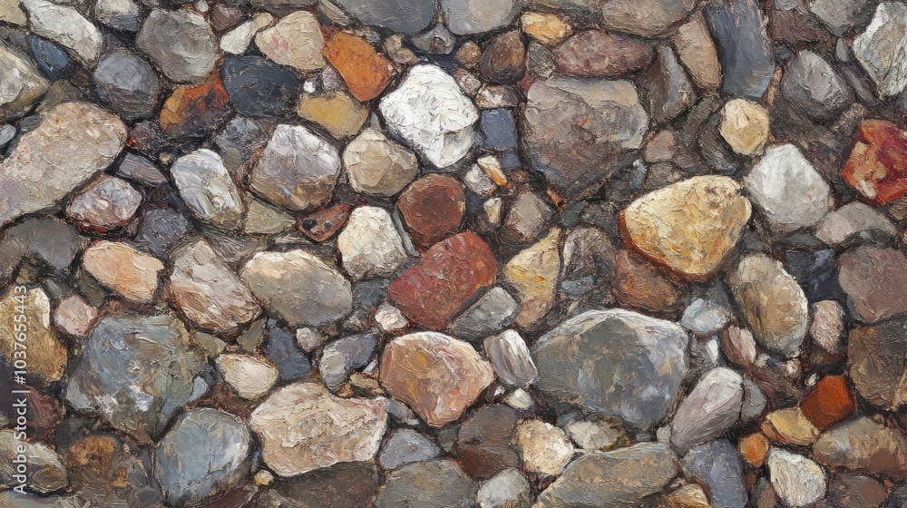 Oil painting showcasing textured fine gravel Oil painting showcasing textured fine gravel
