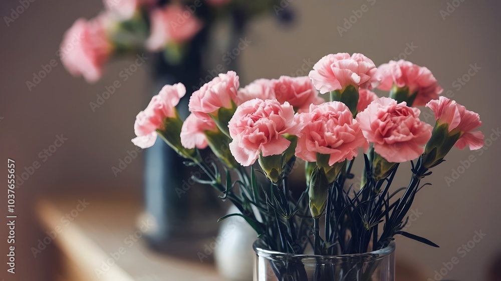 Vase of carnations with blurred floral background Vase of carnations with blurred floral background