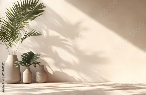 Serene Interior Still Life: A minimalist arrangement of elegant vases housing lush tropical plants, bathed in the soft light of the sun, creating a peaceful ambiance of calm.