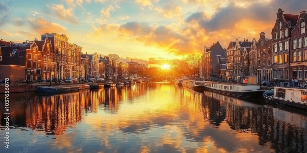Obraz premium The picturesque canals of Amsterdam, lined with charming houses, reflect the golden glow of the setting sun. The River Amstel flows through the heart of the city, adding to its timeless beauty.