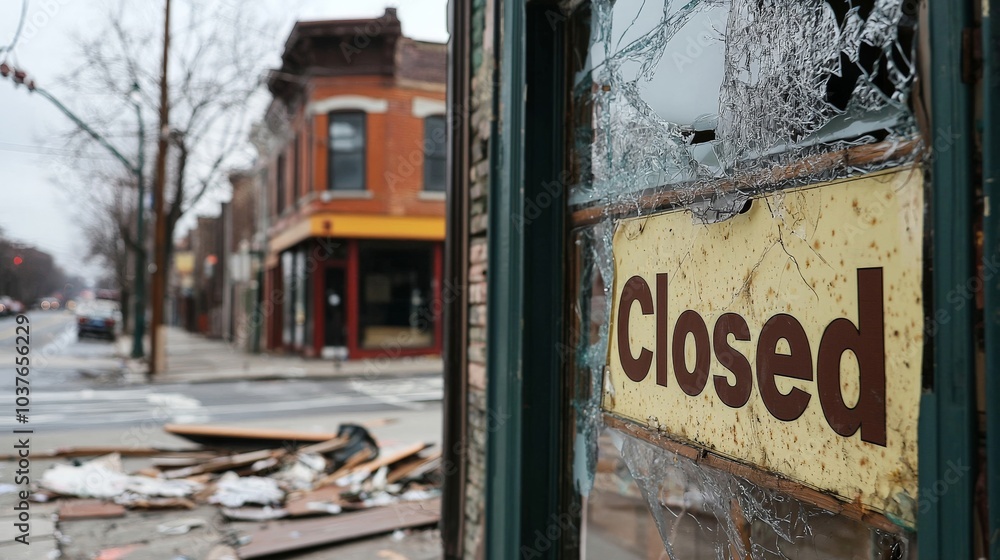 A damaged storefront with a 