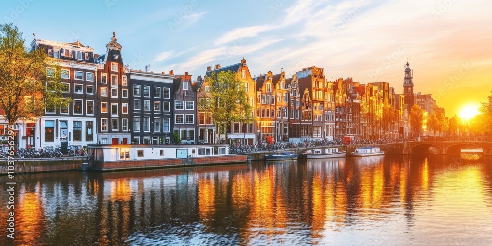 Fototapeta premium The picturesque canals of Amsterdam, lined with charming houses, reflect the golden glow of the setting sun. The River Amstel flows through the heart of the city, adding to its timeless beauty.