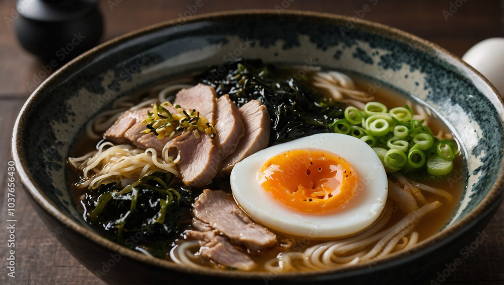Traditional Japanese ramen with sliced pork, seaweed, and a boiled egg, placed in a ceramic bowl with broth. Traditional Japanese ramen with sliced pork, seaweed, and a boiled egg, placed in a ceramic bowl with broth.