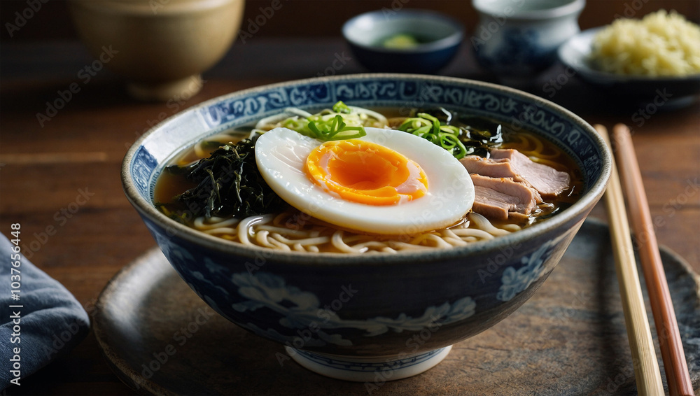 Traditional Japanese ramen with sliced pork, seaweed, and a boiled egg, placed in a ceramic bowl with broth. Traditional Japanese ramen with sliced pork, seaweed, and a boiled egg, placed in a ceramic bowl with broth.