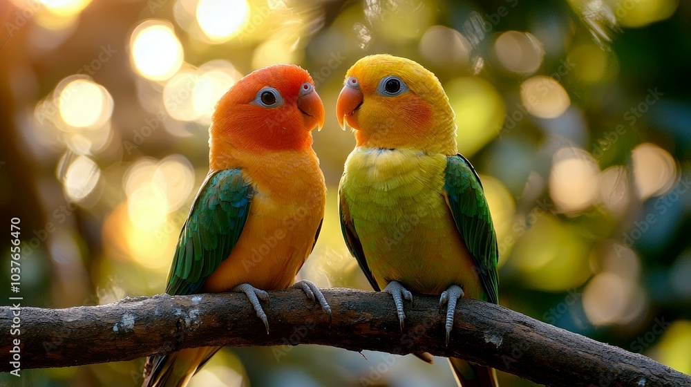 Fototapeta premium Two colorful lovebirds perched on a branch with a bokeh background, showcasing affection and togetherness.