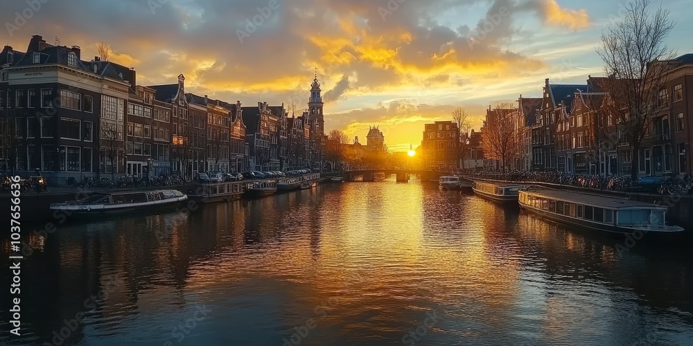 Fototapeta premium The picturesque canals of Amsterdam, lined with charming houses, reflect the golden glow of the setting sun. The River Amstel flows through the heart of the city, adding to its timeless beauty.