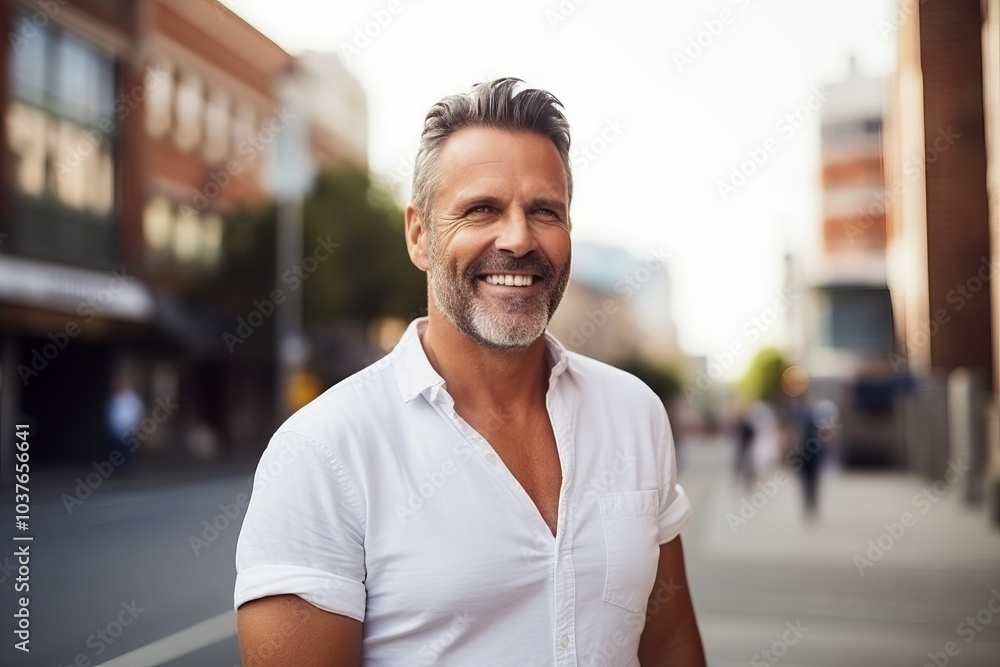 Portrait of a handsome middle-aged man smiling in the city Portrait of a handsome middle-aged man smiling in the city