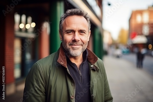 Portrait of a handsome mature man standing in a street, looking at camera.