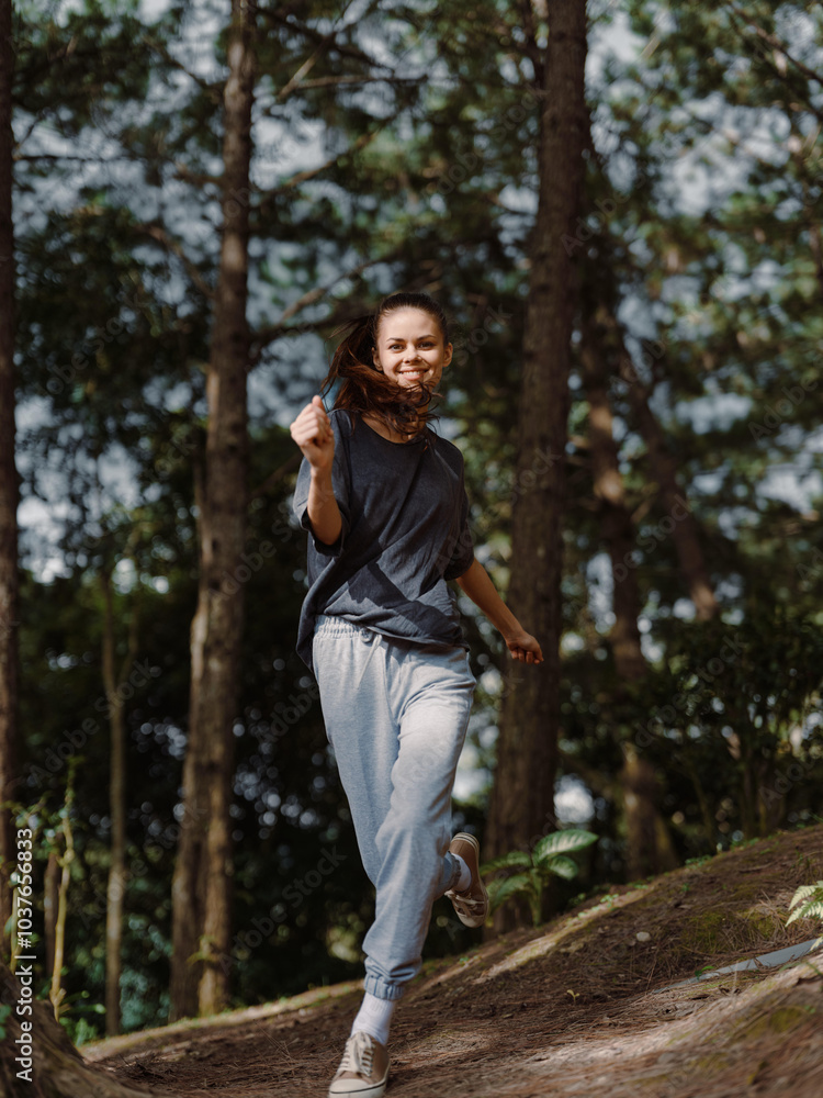 Joyful young woman jogging through lush green forest, wearing comfortable sportswear, enjoying nature and staying active Fitness and outdoor adventure concept Joyful young woman jogging through lush green forest, wearing comfortable sportswear, enjoying nature and staying active Fitness and outdoor adventure concept