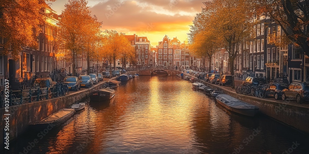 Fototapeta premium The picturesque canals of Amsterdam, lined with charming houses, reflect the golden glow of the setting sun. The River Amstel flows through the heart of the city, adding to its timeless beauty.