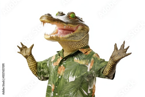 Joyful crocodile in hawaiian shirt dancing with arms swinging against white background isolated photo