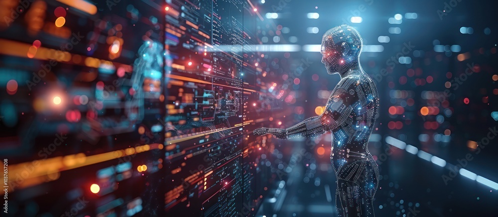 Futuristic robot interacts with a large screen filled with data and glowing lights. Futuristic robot interacts with a large screen filled with data and glowing lights.