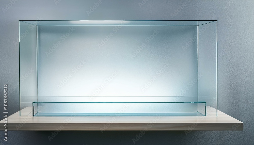 Blank illuminated glass showcase with mock up place on white wall background. 3D Rendering. Blank illuminated glass showcase with mock up place on white wall background. 3D Rendering.