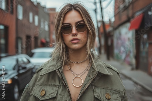 A Blonde Woman in a Green Jacket with Round Sunglasses and Silver Necklaces photo