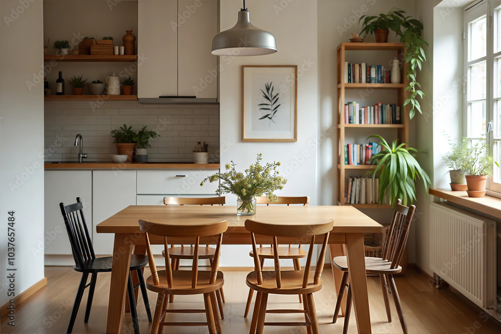 Cozy Dining Area with Wooden Table and Mismatched Chairs Cozy Dining Area with Wooden Table and Mismatched Chairs
