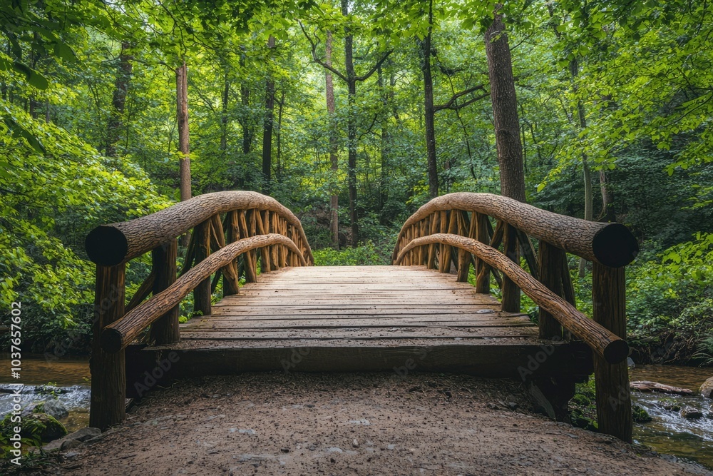 Wooden Bridge Leading Through a Lush Green Forest Wooden Bridge Leading Through a Lush Green Forest