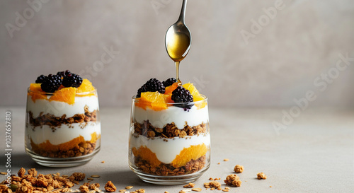 Yogurt parfait dessert recipe with granola honey and fresh fruit drizzle photo